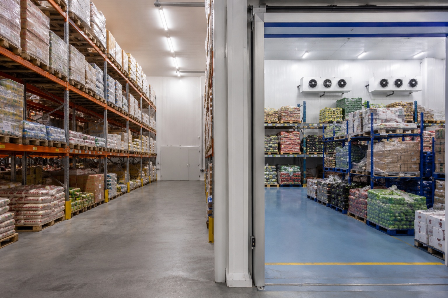 Almacén alimentario con zonas de temperatura diferenciada y palés etiquetados por lote