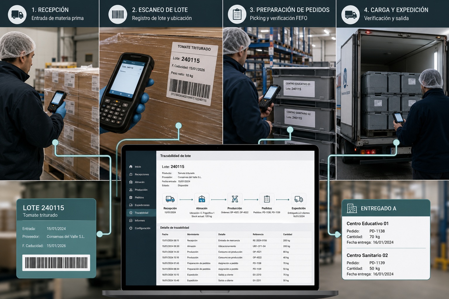 Proceso de trazabilidad alimentaria desde recepción hasta entrega con LogisFood
